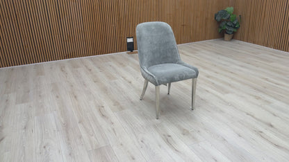 Video Of ‘Dolce’ contemporary dining chair, beautifully upholstered in a sophisticated, plush Grey velvet with clean, modern lines.
