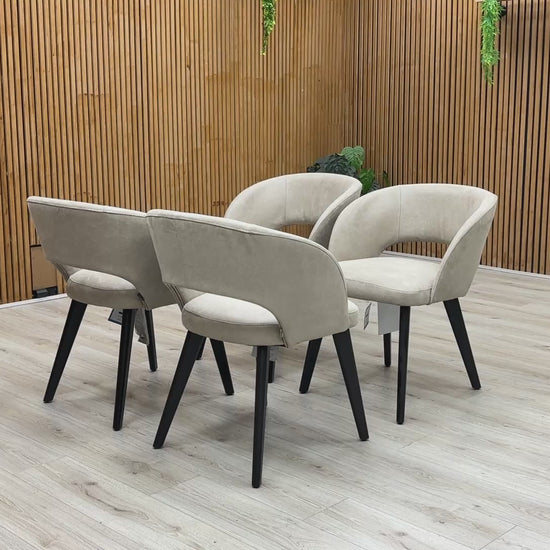 Video Product walkthrough showcasing the premium fabric texture, high-quality build, and sturdy beech wood frame construction of the taupe dining chairs.