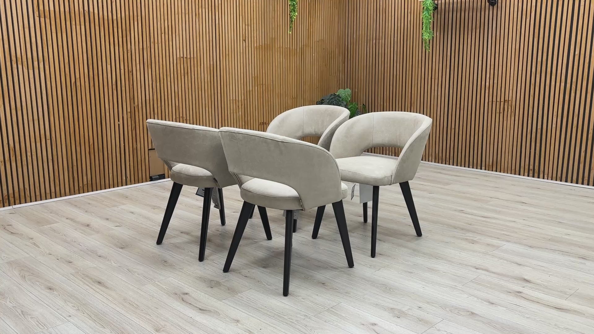 Video Product walkthrough showcasing the premium fabric texture, high-quality build, and sturdy beech wood frame construction of the taupe dining chairs.