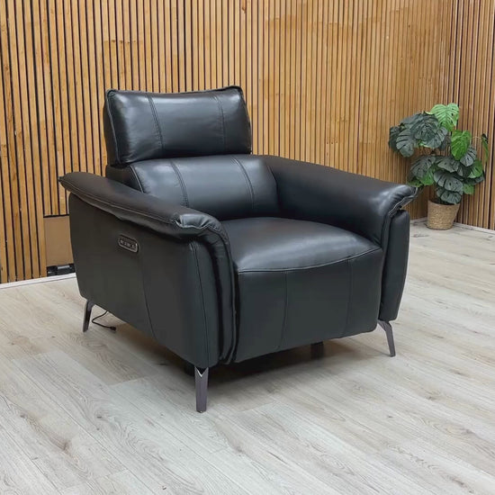 Video Of ‘Jude’ contemporary power recliner armchairs, showcasing a matching set beautifully upholstered in Category 40-23 Oslo Jet Black leather.