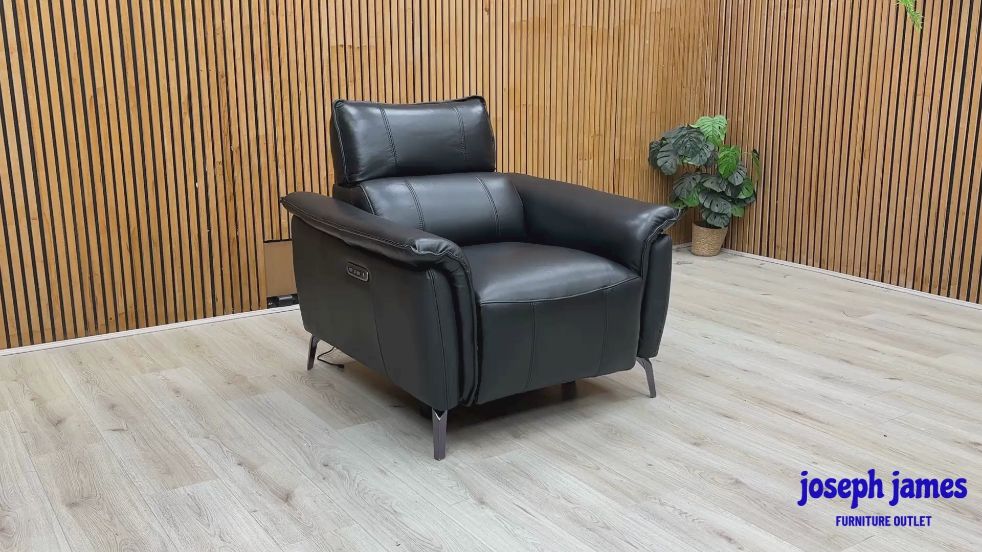 Video Of ‘Jude’ contemporary power recliner armchairs, showcasing a matching set beautifully upholstered in Category 40-23 Oslo Jet Black leather.