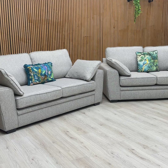 Video showcasing the Chalfont 3 + 2 Seater Sofa Set, highlighting the sloped arms and overall modern design.