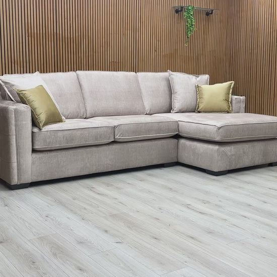 Product video tour of the Chelsea Beige Vogue Velvet corner sofa, showcasing the fabric's plush texture and the comfort of the formal back cushions.