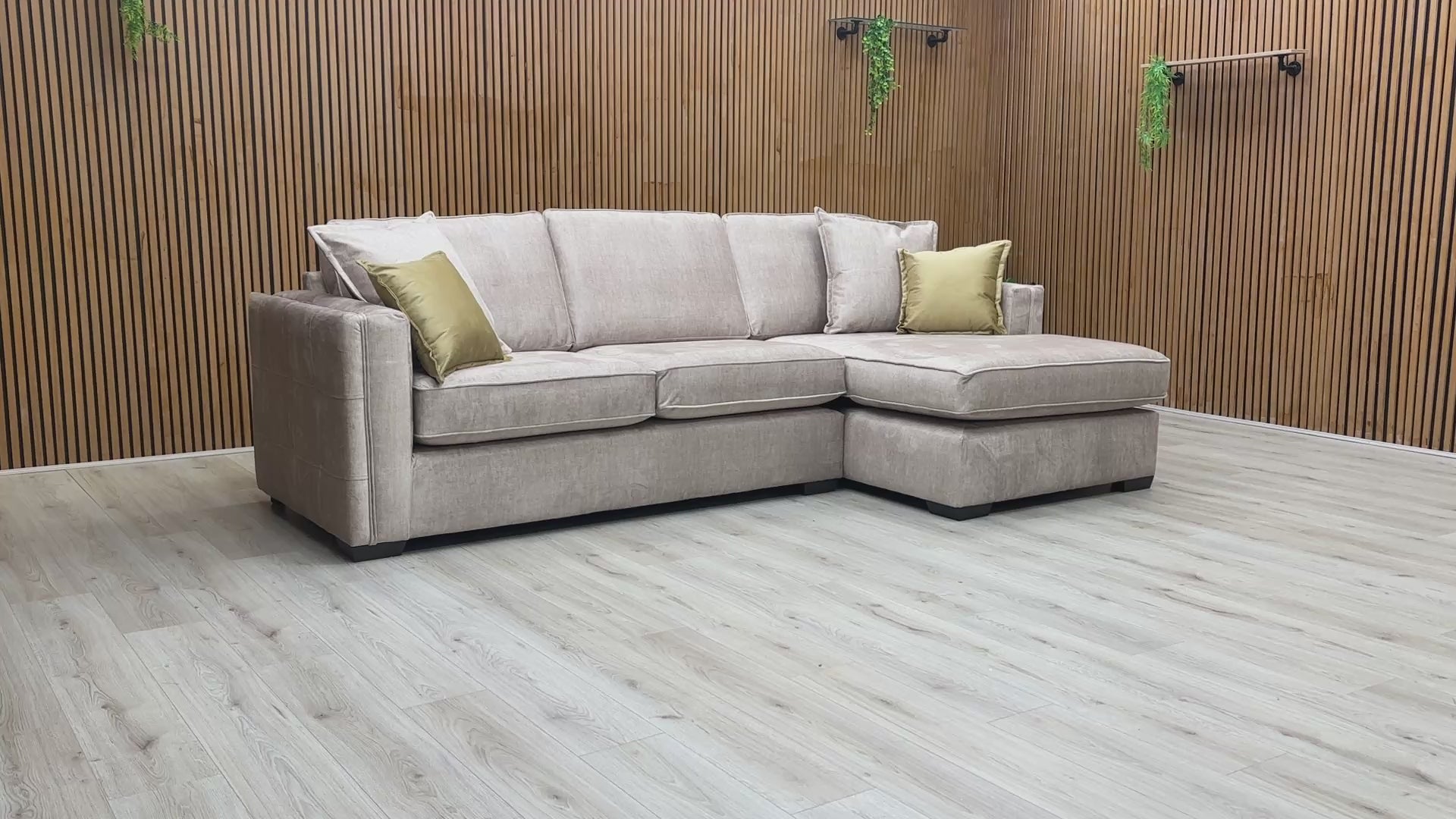 Product video tour of the Chelsea Beige Vogue Velvet corner sofa, showcasing the fabric's plush texture and the comfort of the formal back cushions.