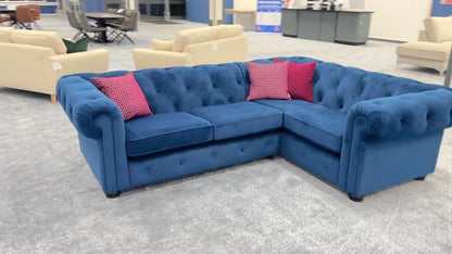 ‘Belair’ Royal Blue Sensual Velvet Left Hand Facing Arm 2 Seater Corner Sofa