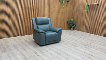 Product video tour of the ‘Utah’ Midnight Jade Leather Power Recliner, demonstrating the smooth reclining action, adjustable headrest, and integrated heating system.