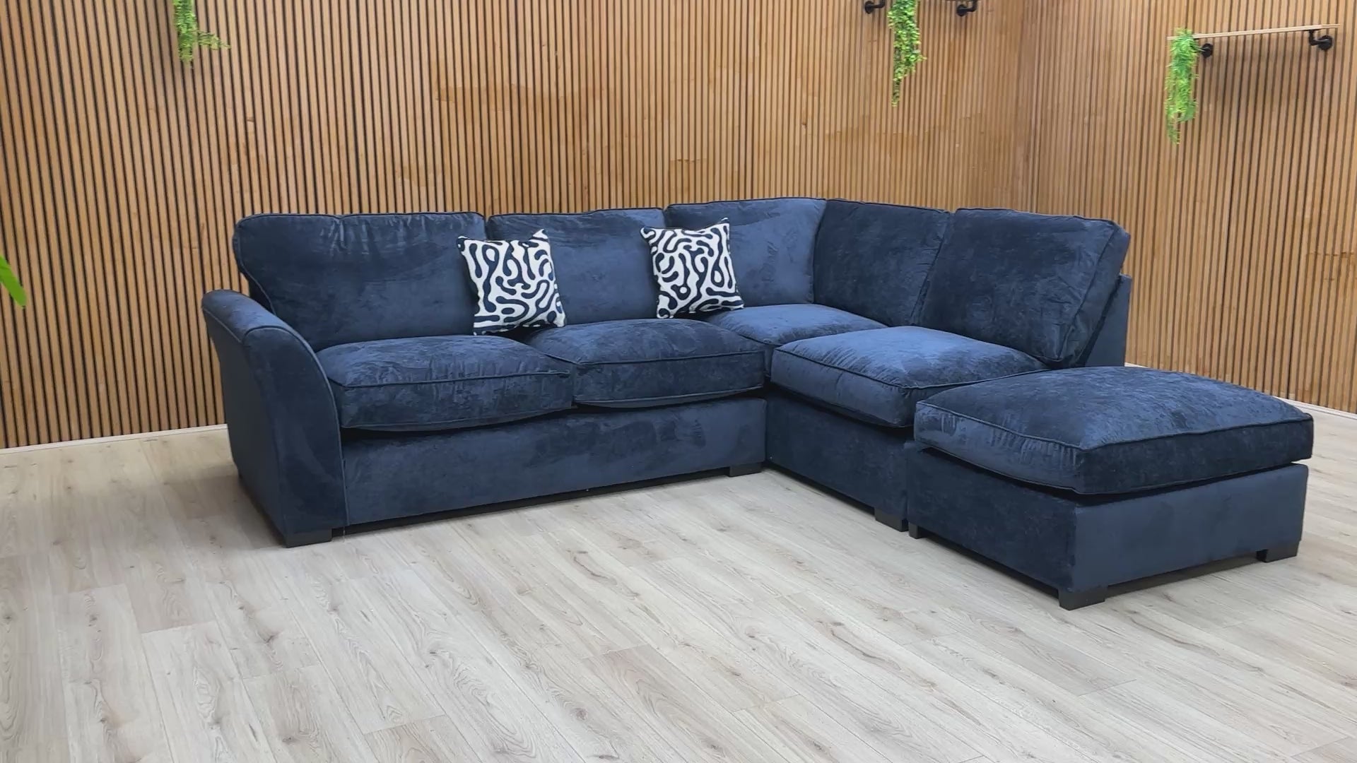Video showcasing the design and Kingston Navy Blue fabric of the ‘Rosie’ Chaise Corner Sofa.