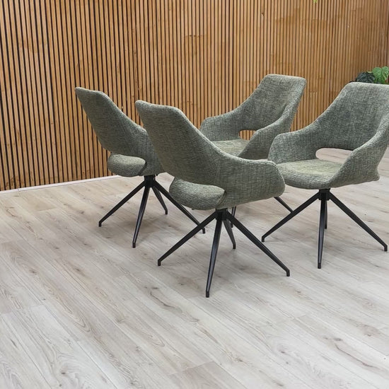 Video showcasing the 360-degree swivel feature and the tweed fabric of the ‘Charlotte’ dining chair.