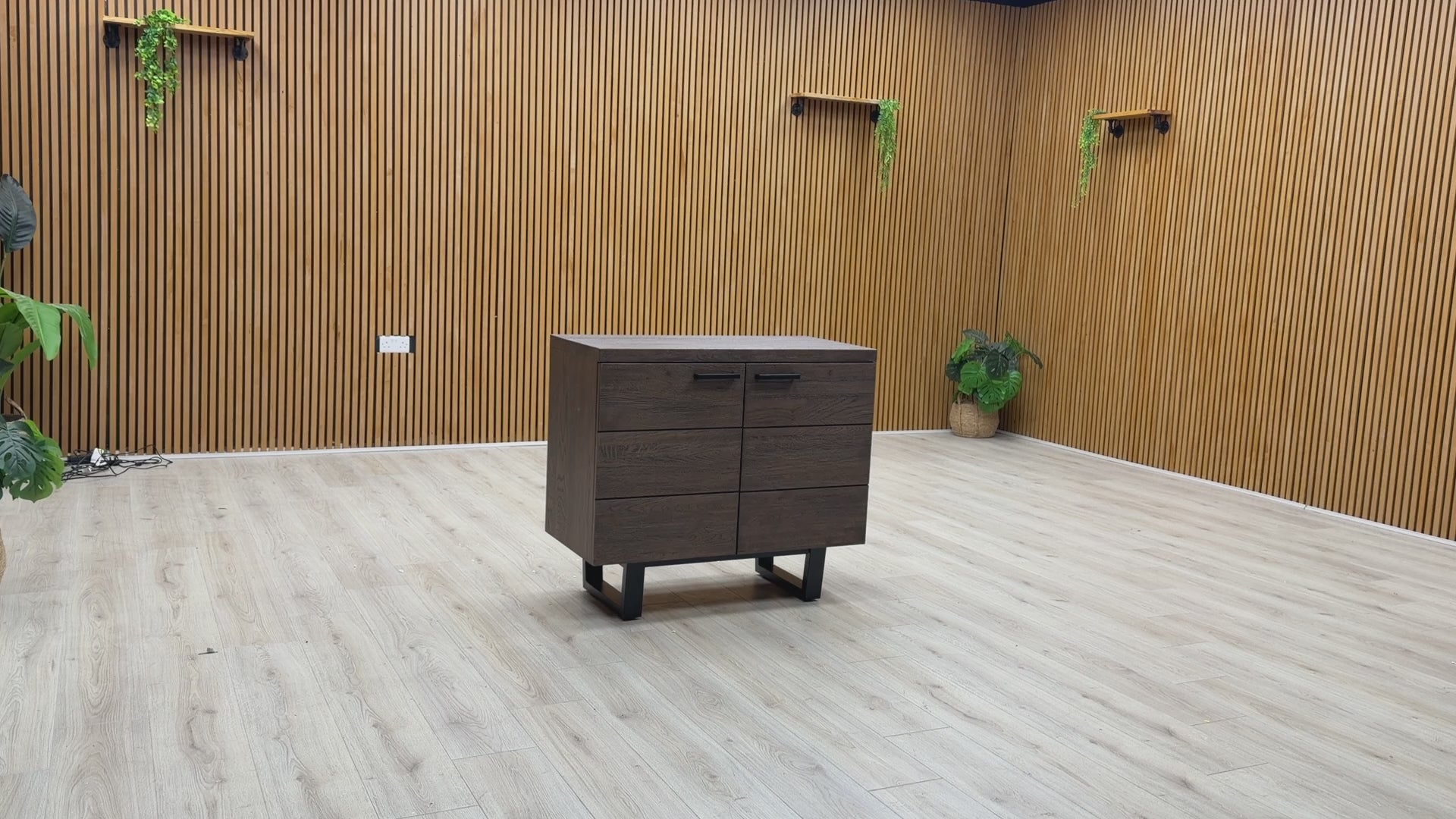 Product walkthrough of the Mars 2-door sideboard, demonstrating the door hinges, interior shelf space, and sturdy construction.