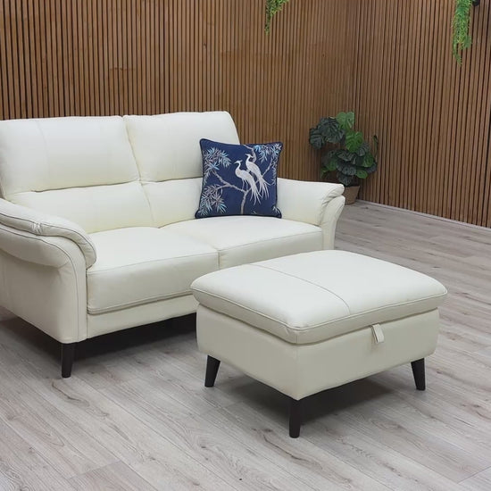  Video of Winner 'Oslo' 2 Seater Sofa and Storage Footstool set in Cotton White Leather, showcasing its classic silhouette and tapered wood legs.