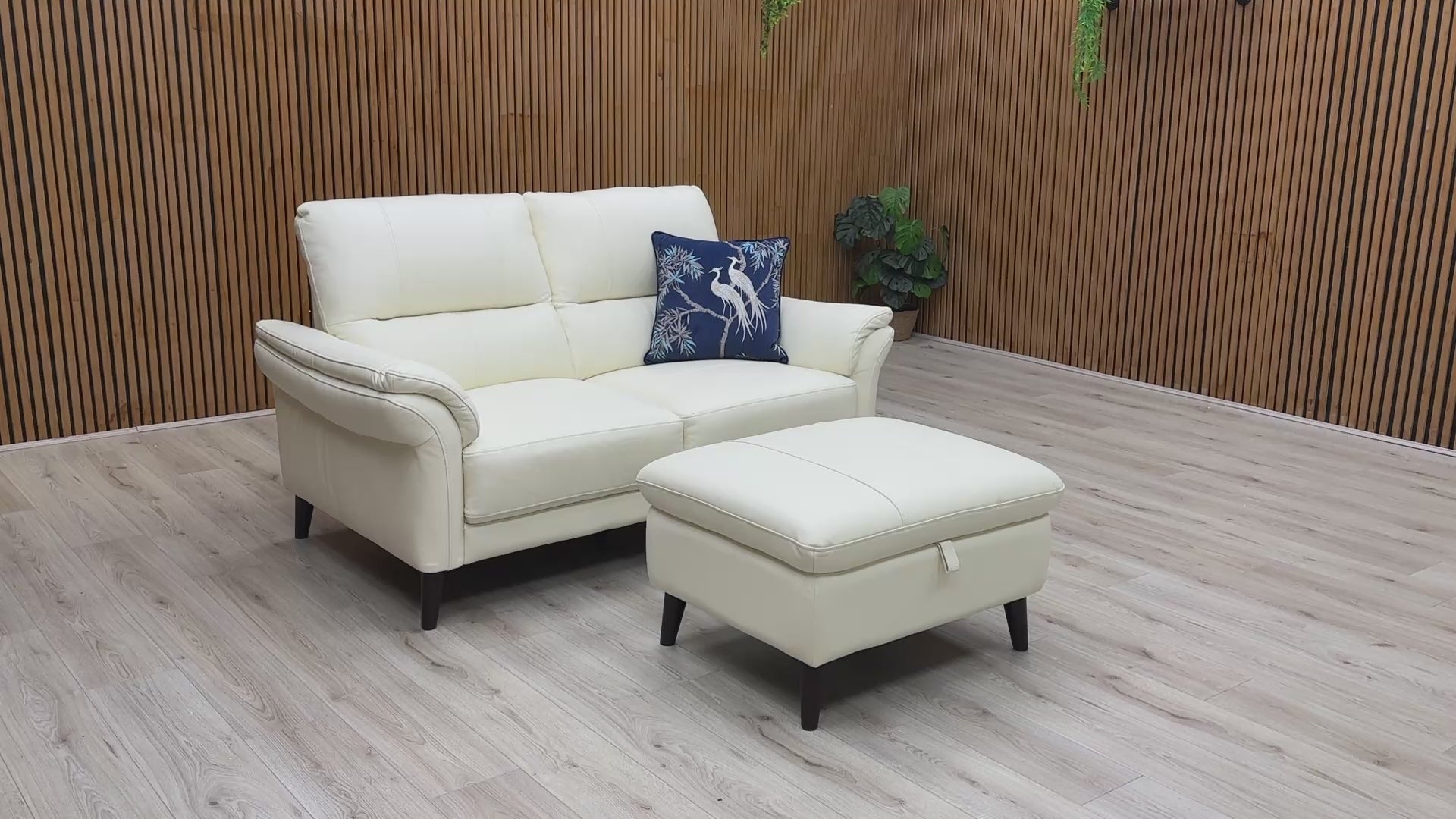  Video of Winner 'Oslo' 2 Seater Sofa and Storage Footstool set in Cotton White Leather, showcasing its classic silhouette and tapered wood legs.