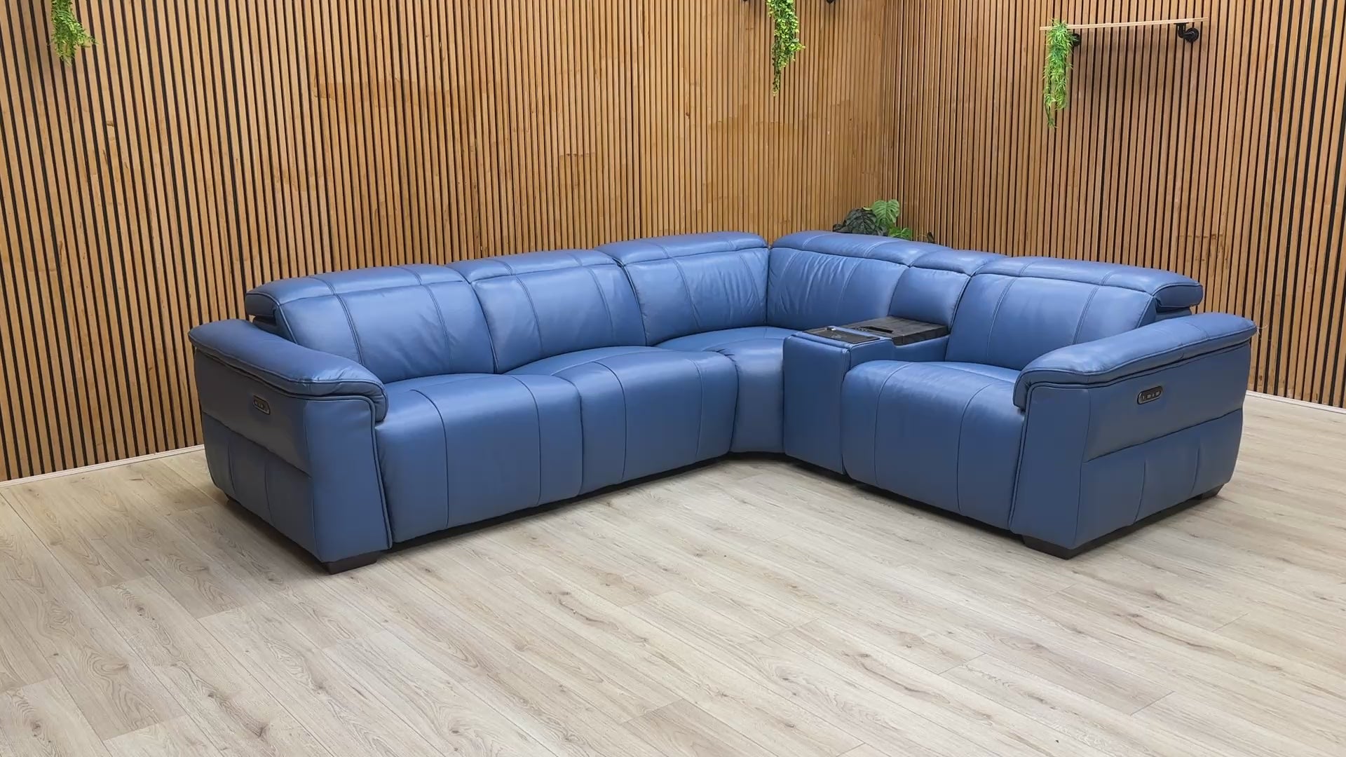 Video Preview showcasing the power functions and fridge console of the 'Inca' Leather Corner Sofa.