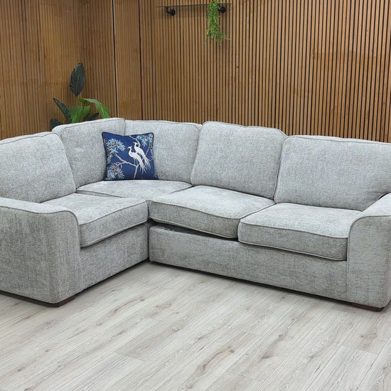 Video preview demonstrating the conversion mechanism of the 'Emilia' Silver Woven Fabric Corner Sofa Bed.