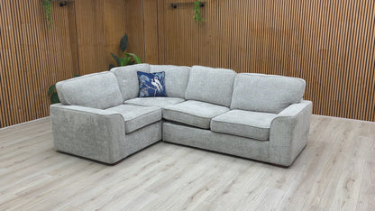 Video preview demonstrating the conversion mechanism of the 'Emilia' Silver Woven Fabric Corner Sofa Bed.