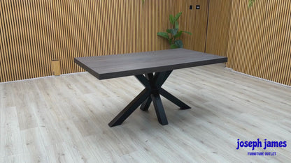 Bodahl 'Njord' 2 Smoked Solid Oak Straight Top 160cm Metal Star Base Dining Table with Sand Beige Fabric Set of 6 Swivel Dining Chairs