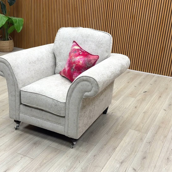 Product walkthrough video of the 'Melody' pearl chenille armchair, showcasing the fabric quality, cushioning depth, and overall build.