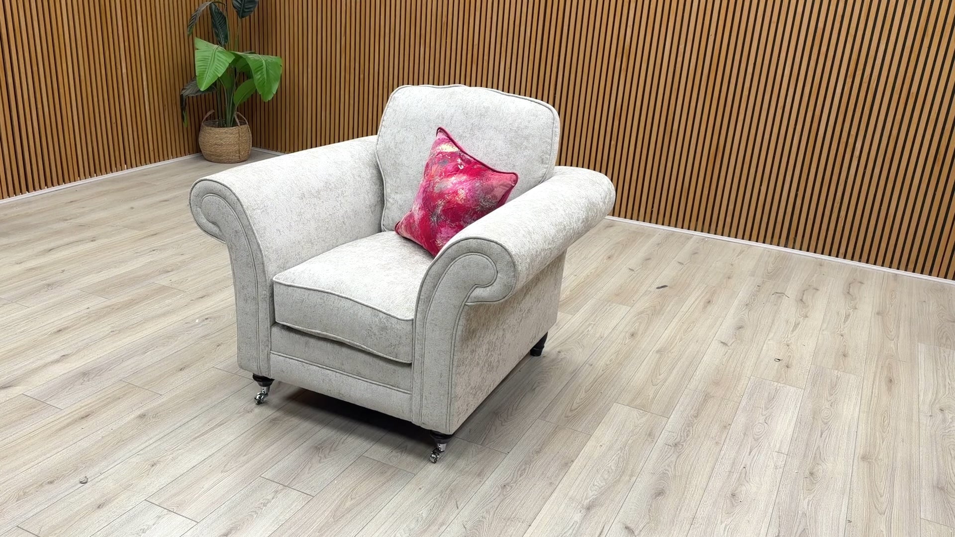 Product walkthrough video of the 'Melody' pearl chenille armchair, showcasing the fabric quality, cushioning depth, and overall build.