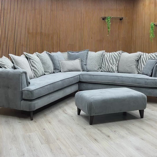 Video Of ‘Farrah’ contemporary large corner sofa with a matching footstool, beautifully upholstered in a dual-fabric combination of Riga Grey and Zena Silver.