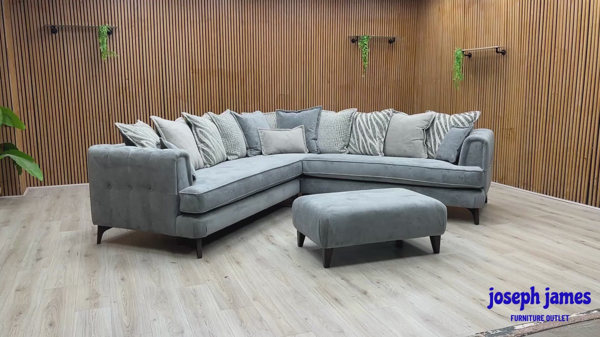 Video Of ‘Farrah’ contemporary large corner sofa with a matching footstool, beautifully upholstered in a dual-fabric combination of Riga Grey and Zena Silver.
