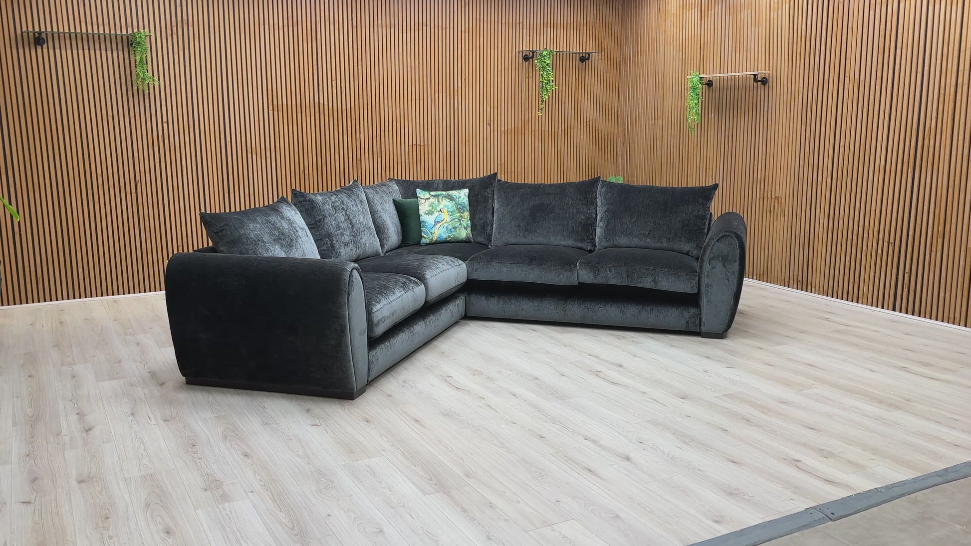 View of the Maddison sofa from the corner, emphasizing the generous seating space and the clean lines of the L-shape design.