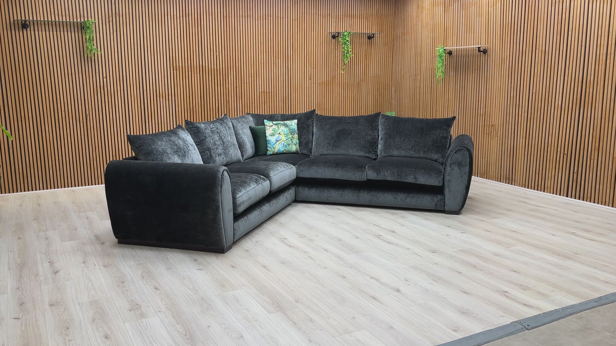 View of the Maddison sofa from the corner, emphasizing the generous seating space and the clean lines of the L-shape design.