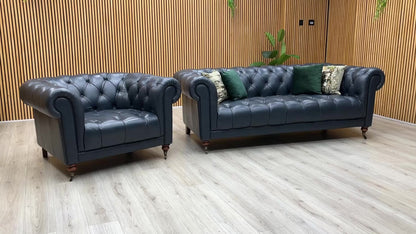 ‘Columbus’ Midnight Navy Blue Cat-200_85 Leather 3 Seater Sofa + Armchair