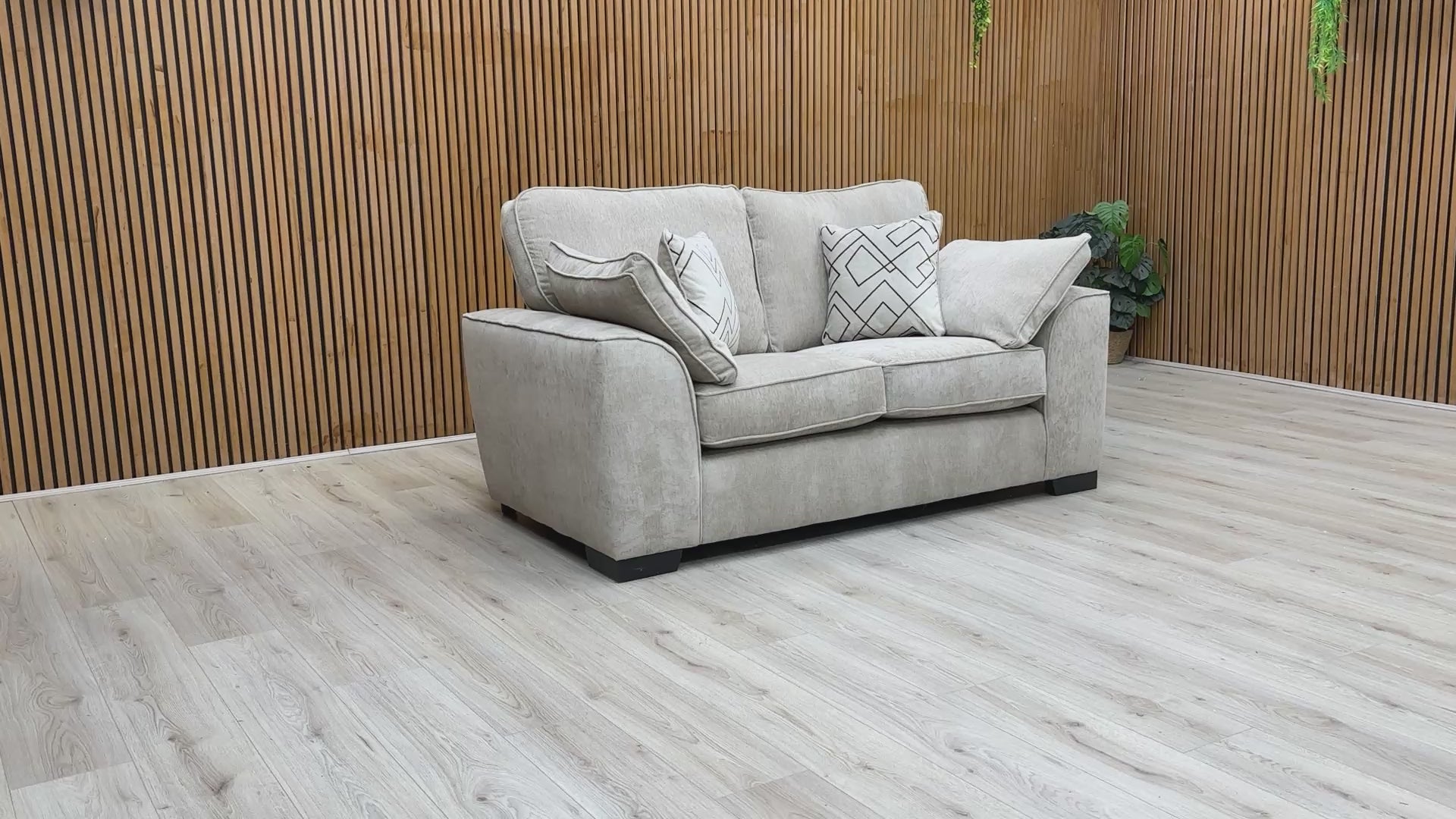 Product walkthrough video of the ‘Harvey’ Truffle 2 Seater Sofa, detailing the fabric quality and compact silhouette.