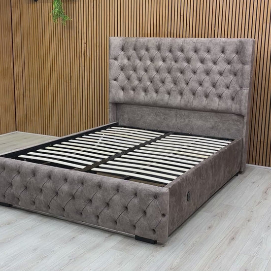 Video of the smooth and easy operation of the electric end lift ottoman storage feature of the King size bed.