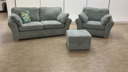 ‘Challenger’ Duck Egg Weave Fabric 3 Seater Sofa + Armchair + Storage Footstool