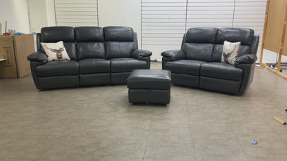 'Blair' Charcoal Grey Florida Leather Manual Recliner 3 Seater Sofa + Power Recliner 2 Seater Sofa + Storage Footstool