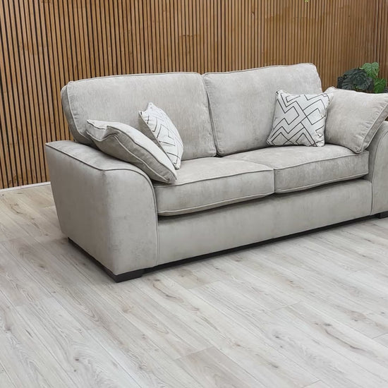 Product video tour of the ‘Harvey’ Truffle 3 Seater Sofa, highlighting the fabric quality and comfortable silhouette.
