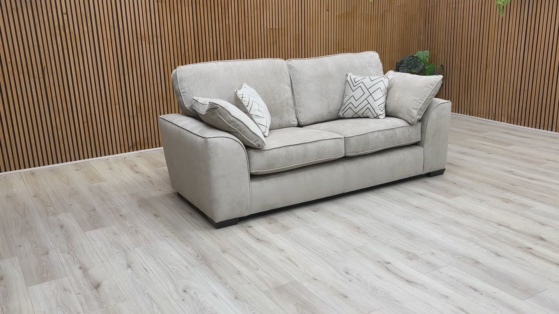 Product video tour of the ‘Harvey’ Truffle 3 Seater Sofa, highlighting the fabric quality and comfortable silhouette.