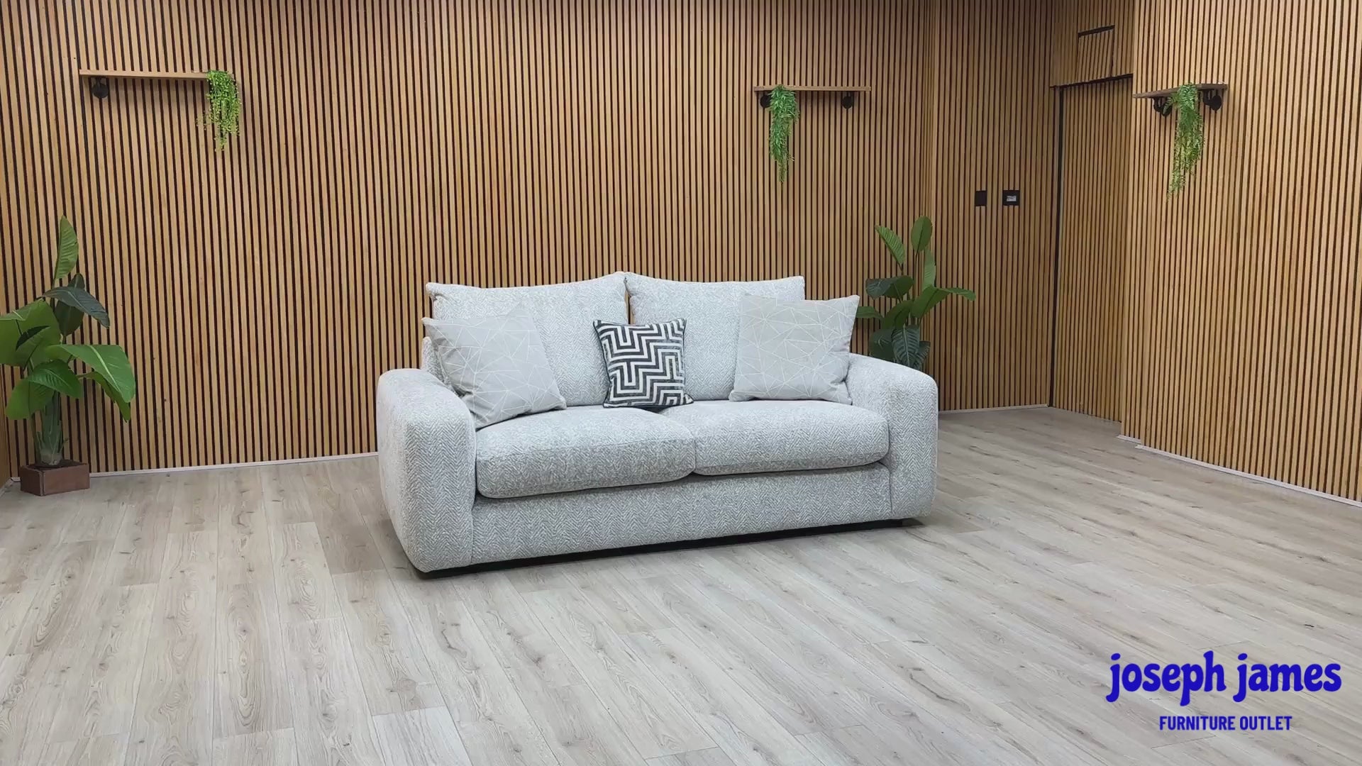 Video Of ‘Pandora’ contemporary living room suite, showcasing a luxury 3-seater sofa beautifully upholstered in a stylish Chevron Silver fabric with elegant structural lines.