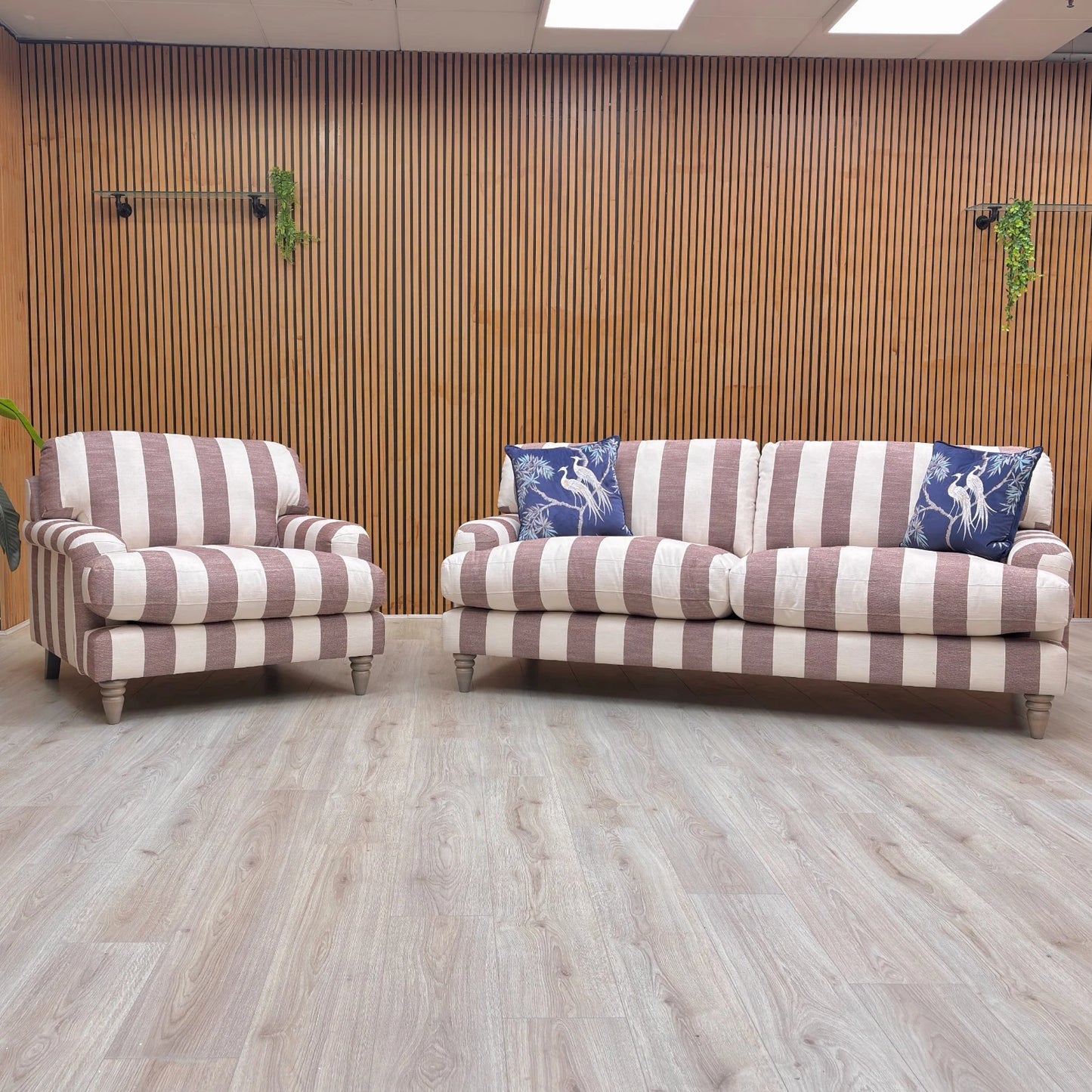 ‘Livie’ Stripe Claret Camilla Broad Fabric 3 Seater Sofa + Armchair