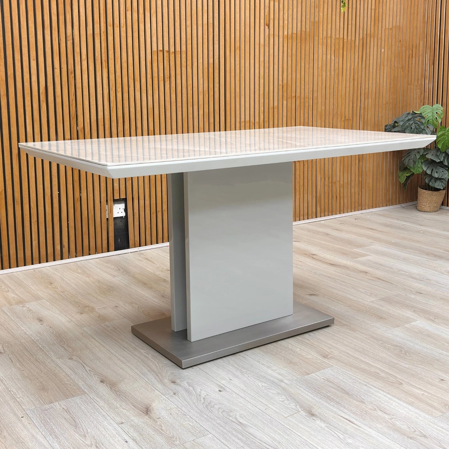 Lifestyle view of the table in a modern dining room setting, showcasing its seating capacity for 6.