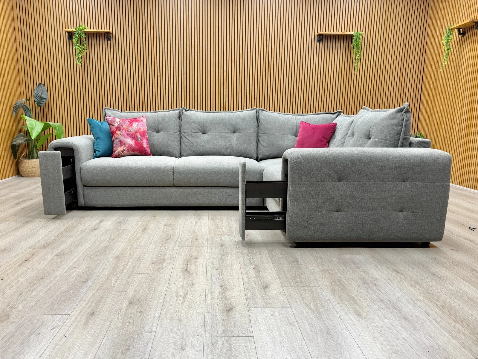 Lifestyle shot of the Goliath corner sofa showcasing the right-hand facing chaise lounge.