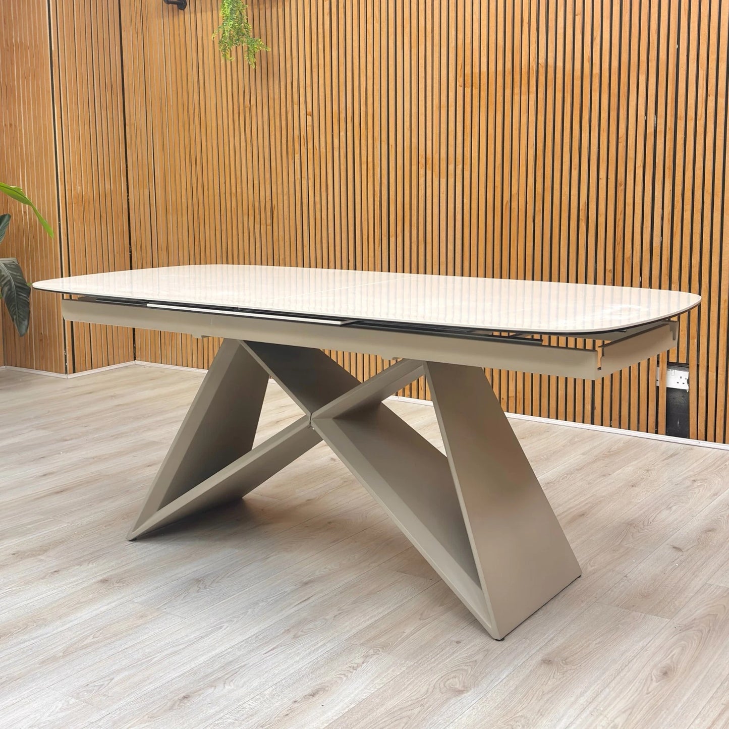Another angled view of the table in the closed position, from the opposite side.