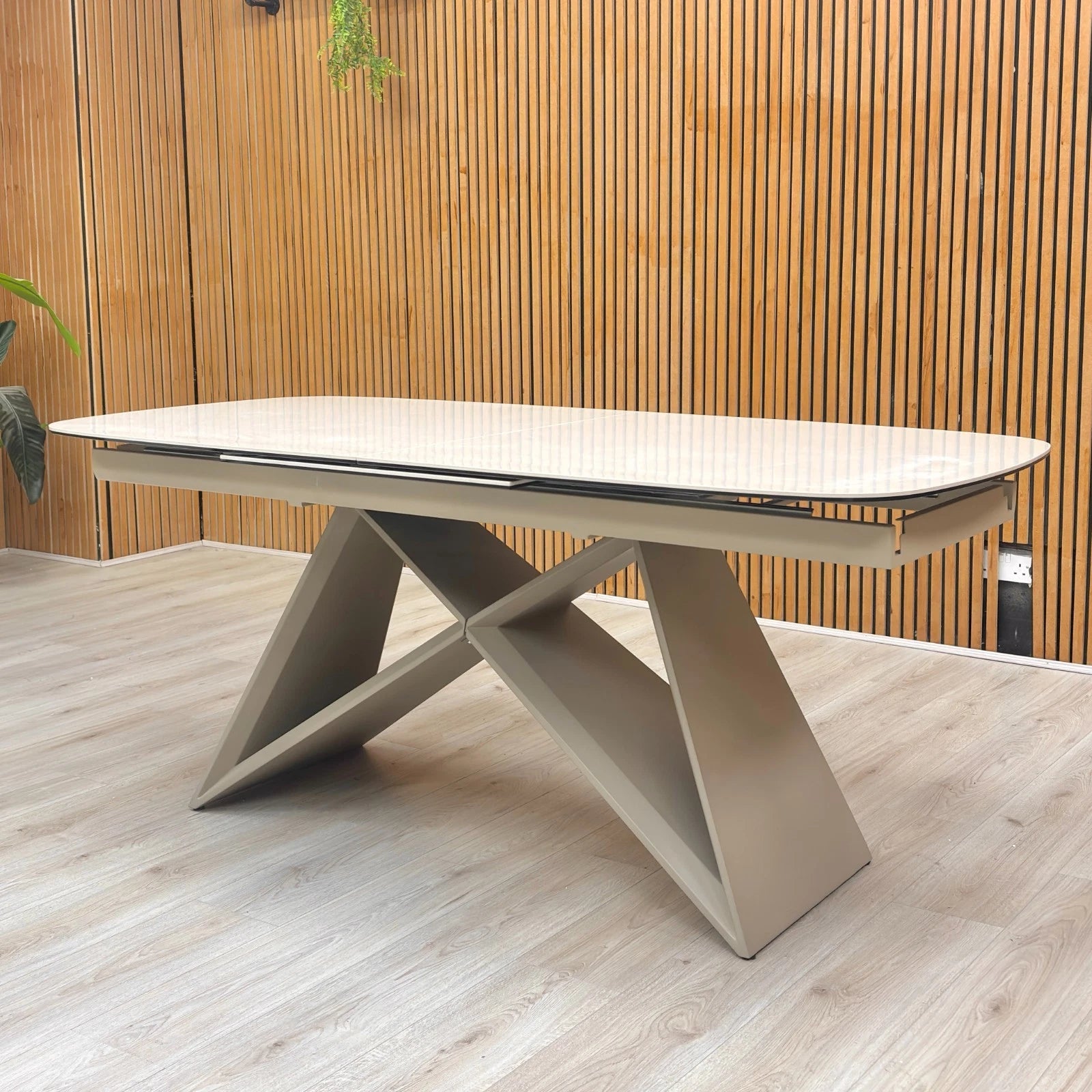 Another angled view of the table in the closed position, from the opposite side.