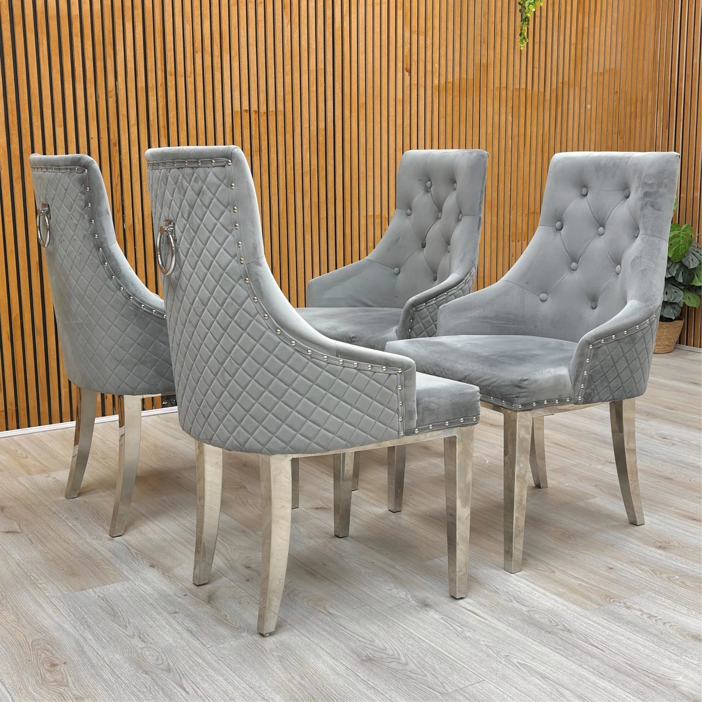 Lifestyle shot of the ‘Dolce’ dining chairs, highlighting the luxury quilted button-back design.