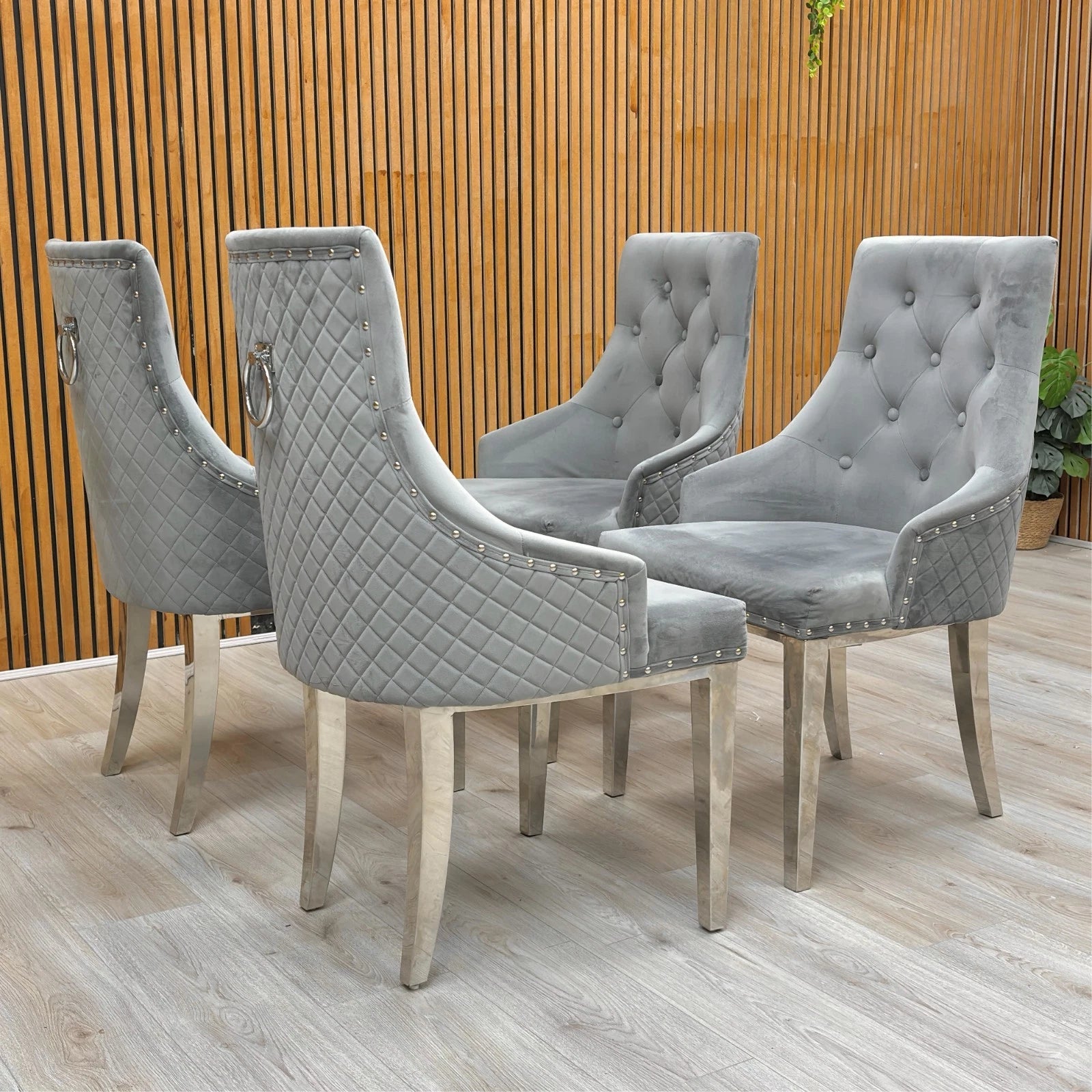 Lifestyle shot of the ‘Dolce’ dining chairs, highlighting the luxury quilted button-back design.