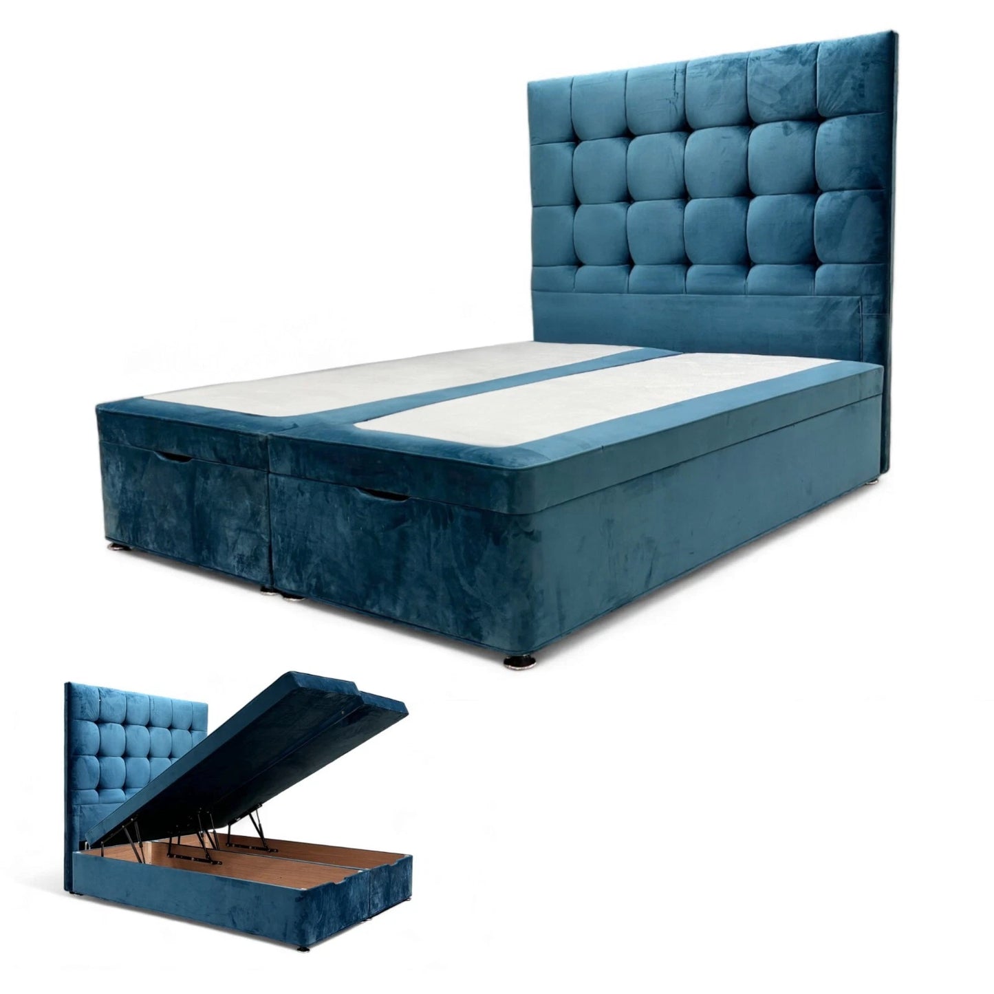 Sleep Story Memory Hybrid End Ottoman Divan Set + ‘Dice’ Floor Standing Headboard in Plush Atlantic Velvet - King