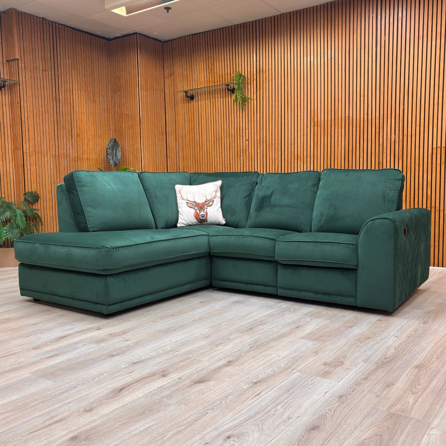 ‘Orka’ Forest Green Sensual Velvet Right Hand Facing Arm Open End Chaise Manual Recliner Corner Sofa