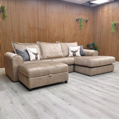 'Serenis' Caramel Rest Velvet Right Hand Facing 3 Seater Chaise Sofa + Large Storage Footstool