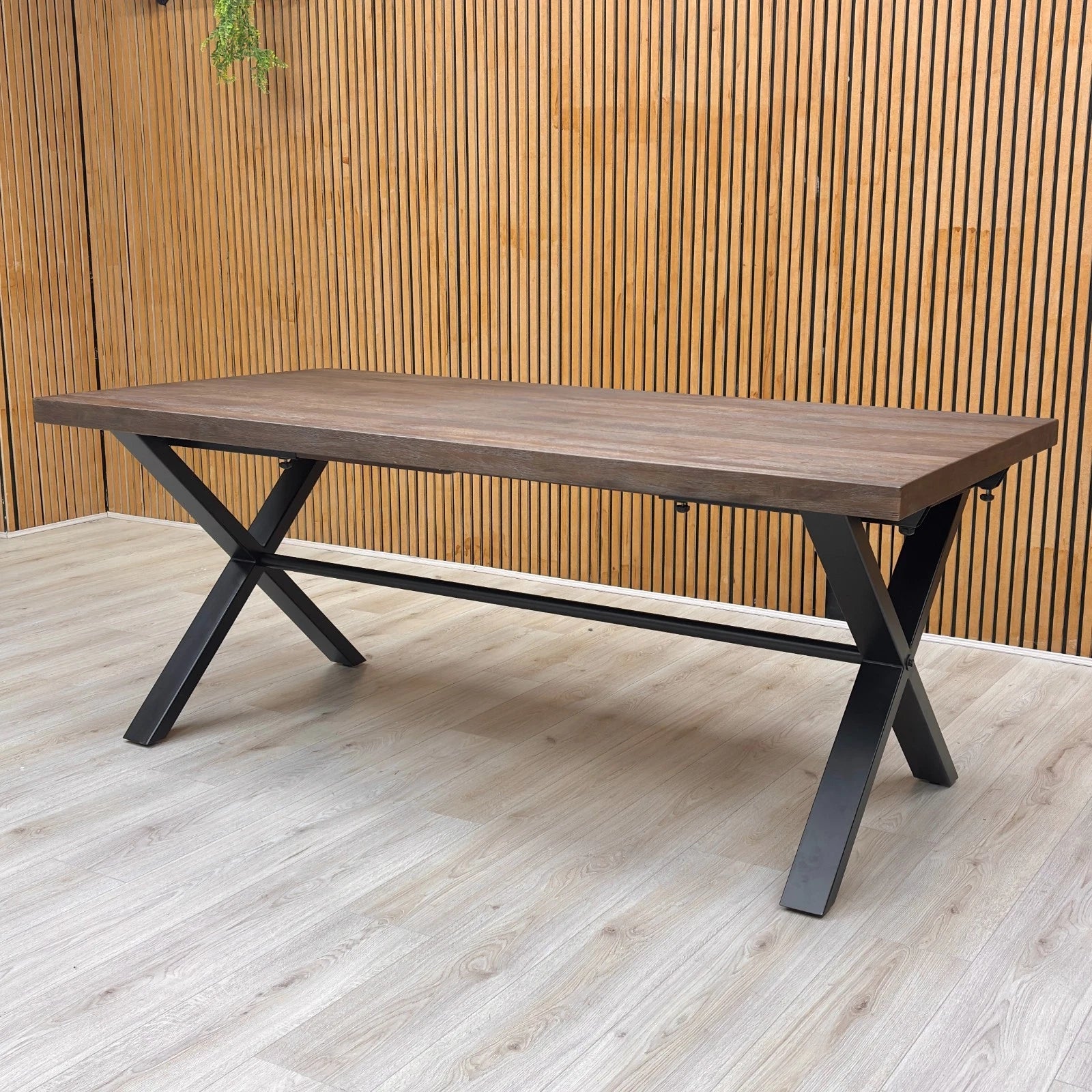 Dark Oak tabletop surface, showing the natural grain, knots, and oiled, wire-brushed finish.