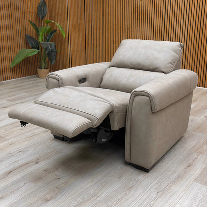 The Nixon Power Recliner shown in its fully extended, reclined position, illustrating the depth and comfort for personalized relaxation.