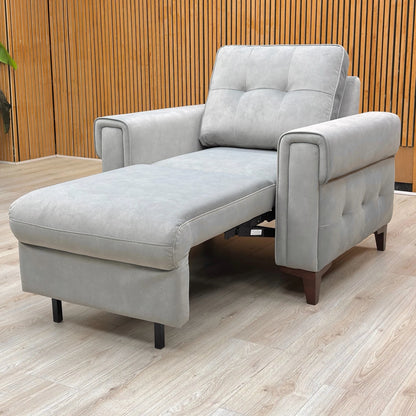 Side view of the 'Zoom' chair bed in its upright armchair position, showcasing the elegant velvet upholstery.