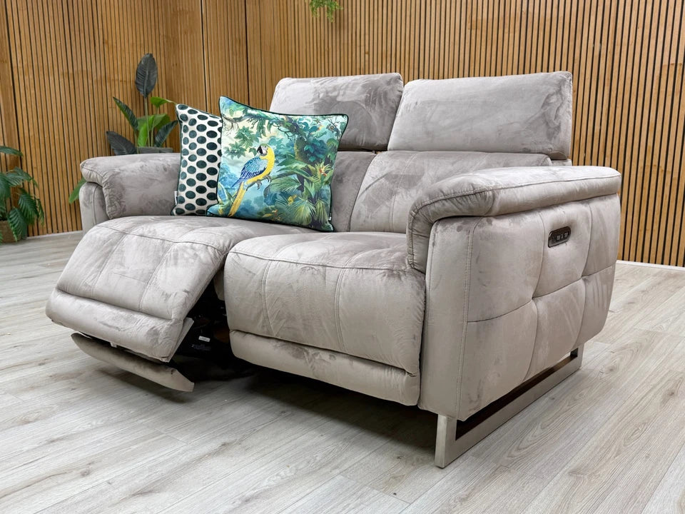 The 'Moet' 2 Seater Sofa in the reclined position, with the power footrest extended.