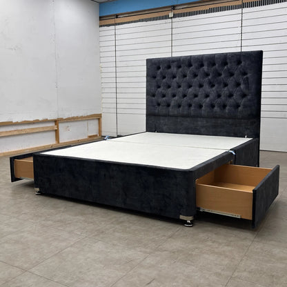 ‘Leon’ Dark Grey Velvet 2 Draw Bed Base with Floor Standing Headboard - King