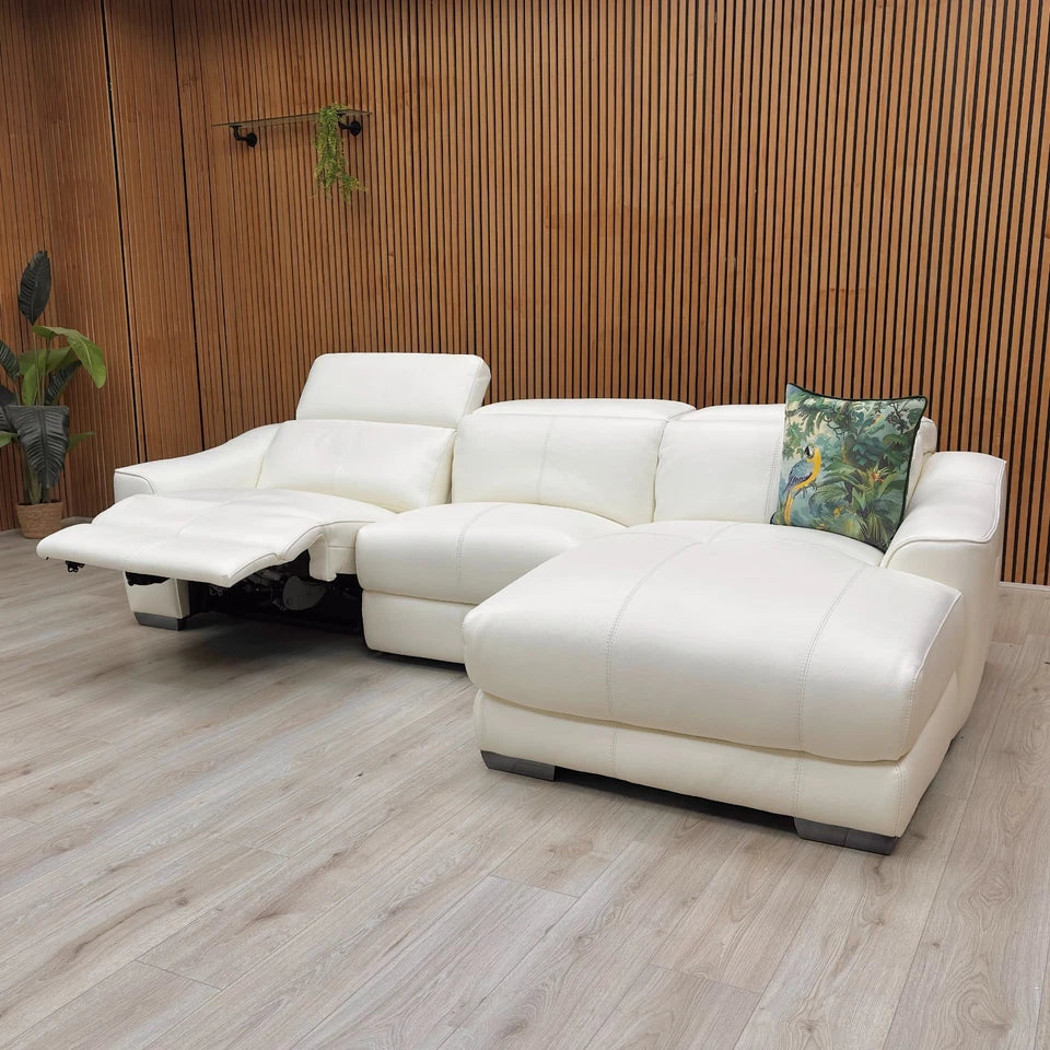 The Xavier chaise sofa with the two power recliner seats fully extended and the power headrests raised for maximum comfort.