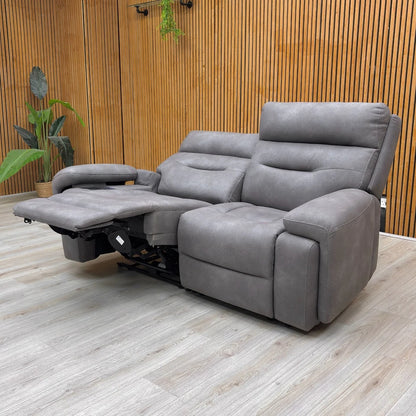 Angled view of the Cinemax Nappa Grey 2 Seater Power Recliner Sofa with one seat reclined.